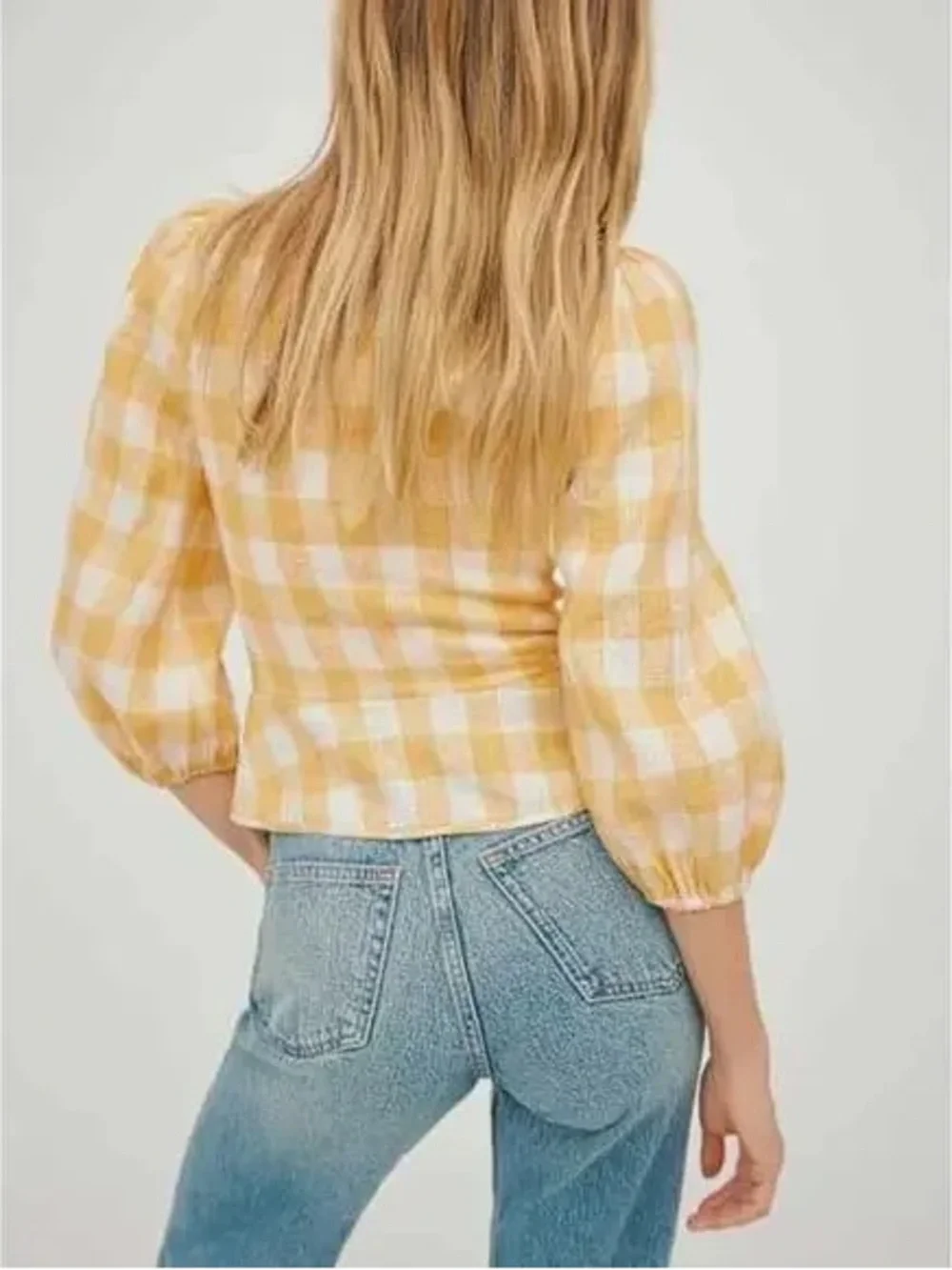 Reformation Barrett Linen Top in Dandelion Check - Corset Lace Up Yellow White 6